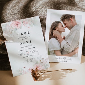 Blush rosa Salbei Save The Date Karten Vorlage, Foto Boho Blumen Hochzeit Save The Dates, Elegante Rose Save The Date Karten, Instant Download