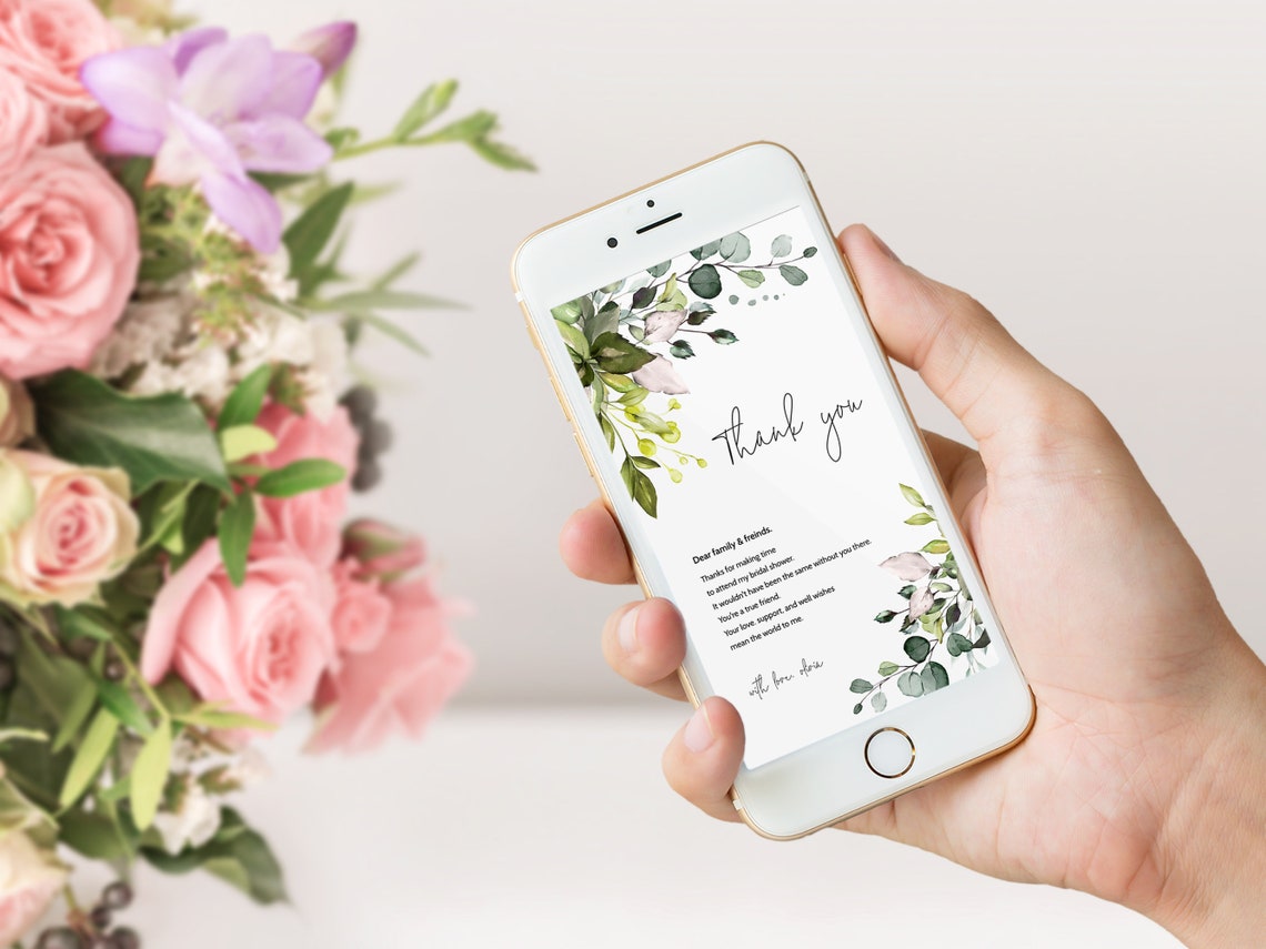 Editable Electronic Thank You Note Mobile Card, Greenery Rustic Floral ...