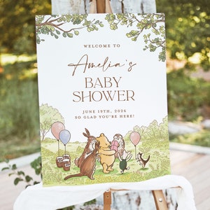 Modello classico di cartello di benvenuto per Baby Shower Winnie The Pooh, cartello di benvenuto Oh Baby Shower modificabile, poster di benvenuto Bear Greenery, download istantaneo