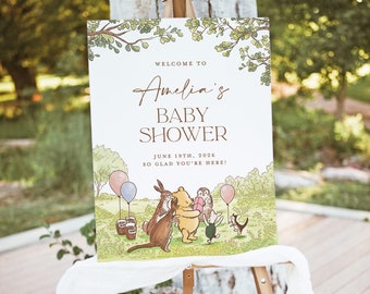 Classic Winnie The Pooh Baby Shower Welcome Sign Template, Editable Oh Baby Shower Sign, Bear Greenery Welcome poster, Instant Download