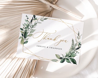 Sage Greenery Wedding Thank You Card Template, Gold Botanical Thank You Note, Printable Elegant Rustic Thanks Table Place Card, Download