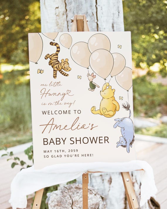 Classic Winnie The Pooh Baby Shower Welcome Sign Template, Balloon Editable Shower Sign, Gender Neutral Girl Boy Welcome poster, Download