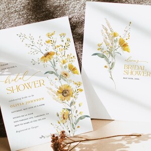 Sunflower Bridal Shower Invitation Template, Boho Wildflower Shower Invites, Printable Editable Sage Yellow Floral Shower, Instant Download image 10
