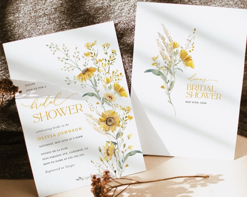 Sunflower Bridal Shower Invitation Template, Boho Wildflower Shower Invites, Printable Editable Sage Yellow Floral Shower, Instant Download image 10