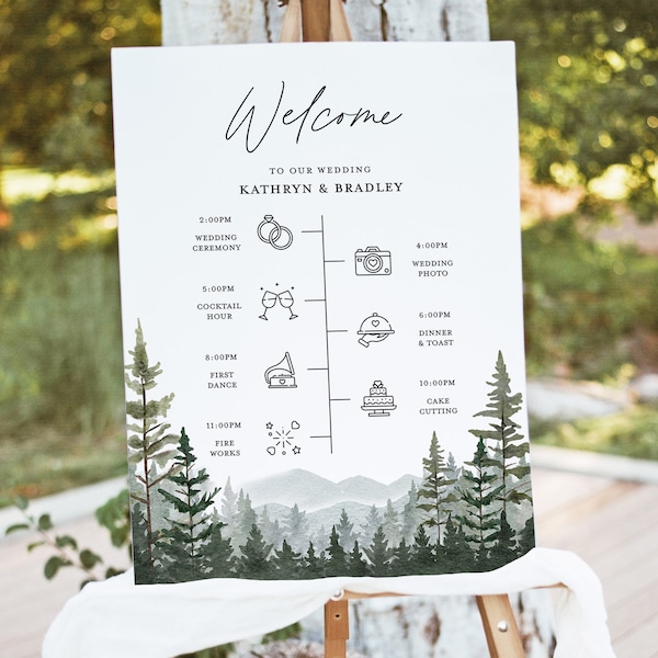 Mountain Wedding Timeline Welcome Sign Template, Woodland Forest Pine Program Poster, Rustic Editable Printable Wedding Day Itinerary