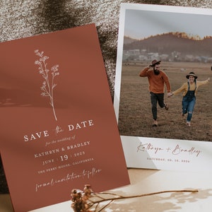 Terrakotta Save The Date Vorlage, Minimalistische Foto Hochzeit Save The Dates, Botanische Elegante Moderne Einfache Rost Save The Date Karten