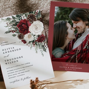 Winter Christmas Wedding Invitation Template Set, Burgundy Floral Wedding Invites Suite, Boho Rustic Forest Pine Rose RSVP Details Card image 4