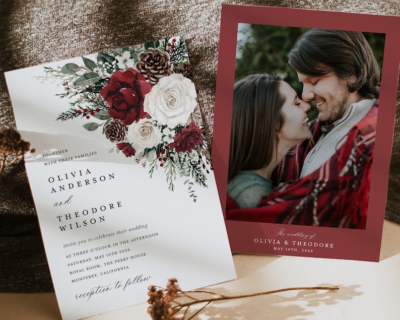 Winter Christmas Wedding Invitation Template Set, Burgundy Floral Wedding Invites Suite, Boho Rustic Forest Pine Rose RSVP Details Card image 4