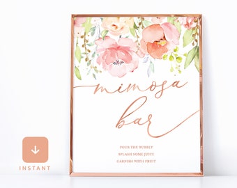 Bridal Shower Mimosa Bar Sign, Blush Pink Shower Sign, Rose Gold Shower Decor, Brunch and Bubbly, Bubbly Bar Sign,Instant Download