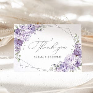 Lavendel Hochzeit Dankeskarte, Vorlage, Flieder Blumen Dankeschön Note, Boho Elegant Silber Personalisiert Danke Tisch Platzkarte, Download