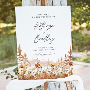 Plantilla de signo de bienvenida de boda de montaña de otoño, signo de bosque de terracota de flores silvestres, signo de decoración de recepción rústica, señalización grande imprimible