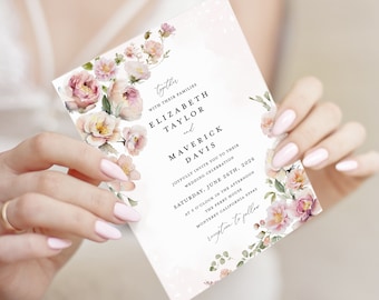 Blush Pink Wedding Invitation Template, Floral Boho Wedding Invites, Printable Elegant Rose Garden Wedding Invitation, Instant Download