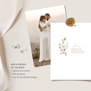 May include: A white card with a floral design and the text "Olivia's Bridal Shower" in pink and gray. The card is attached to a white background with a gold wax seal.
