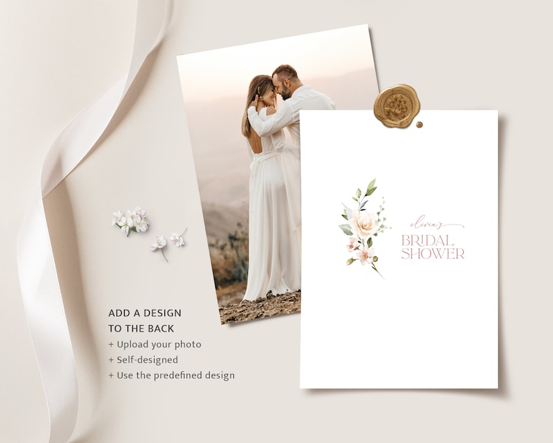 May include: A white card with a floral design and the text "Olivia's Bridal Shower" in pink and gray. The card is attached to a white background with a gold wax seal.