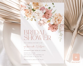 Boho Floral Bridal Shower Invitation Template, Garden Bridal Brunch Invite, Printable Dusty Pale Rose Shower, Editable Invite, Download