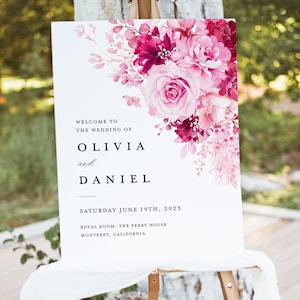 Modello di cartello di benvenuto per matrimonio rosa caldo, cartello di decorazione floreale elegante per ricevimento di rose, segnaletica di grandi dimensioni stampabile brillante magenta fucsia