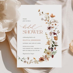 Terracotta Bridal Shower Invitation Template, Boho Wildflower Shower Invites, Printable Editable Floral Burnt Orange Shower, Download image 1