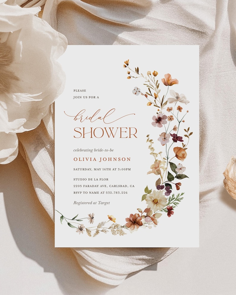Terracotta Bridal Shower Invitation Template, Boho Wildflower Shower Invites, Printable Editable Floral Burnt Orange Shower, Download image 1