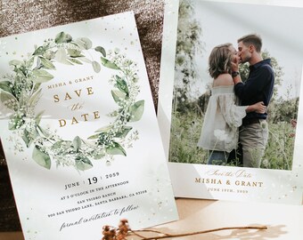 Modello per biglietti Save the Date con foglie di salvia, foto di biglietti Save the Date per matrimoni in stile boho con eucalipto, eleganti biglietti Save the Date rustici e botanici
