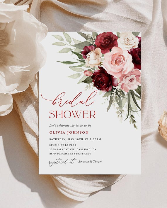 Burgundy Bridal Shower Invitation Template, Blush Pink Boho Rose Bridal Brunch Invite, Sage Red Marsala Floral Shower Invites, Download