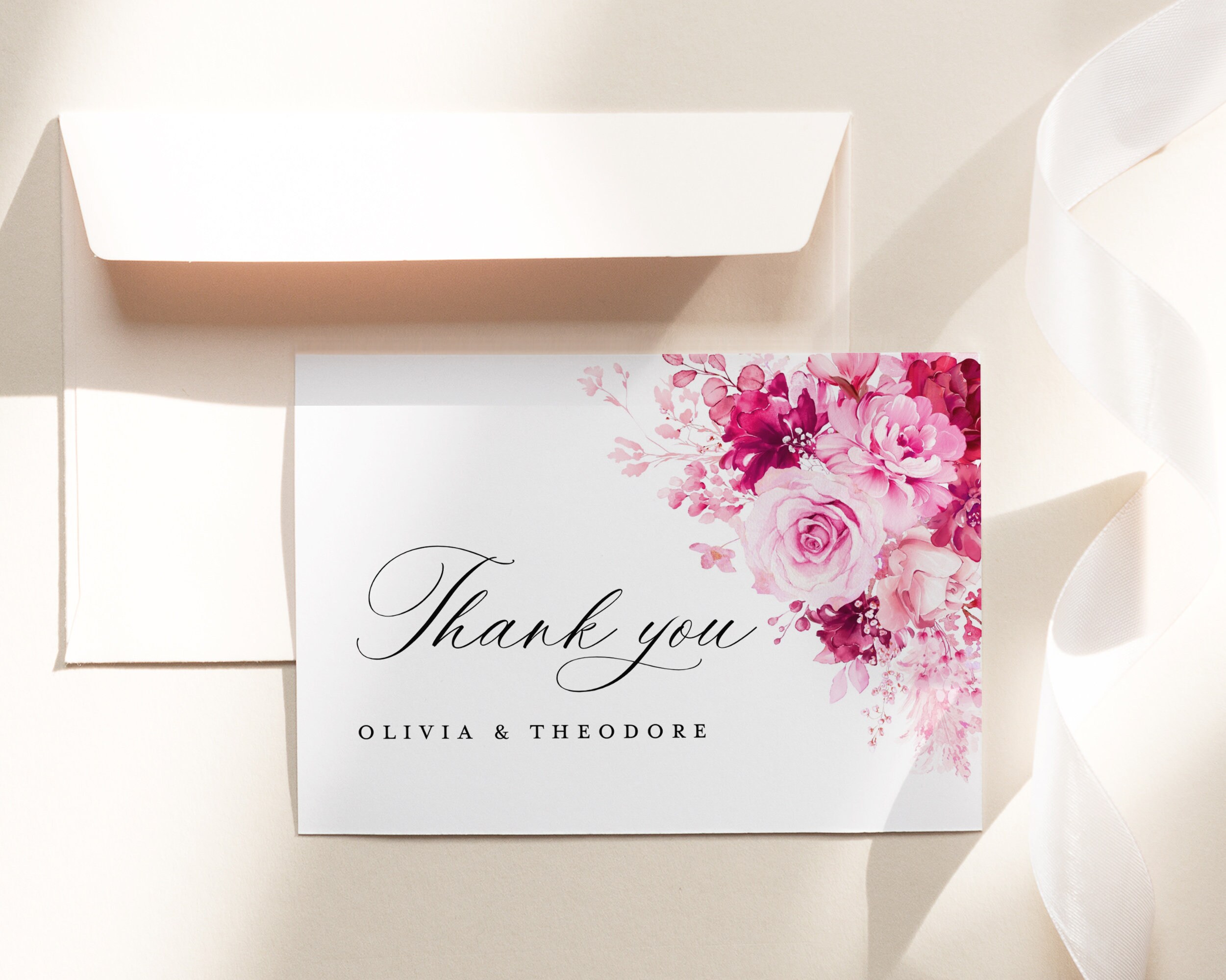 Hot Pink Wedding Thank You Card Template, Floral Elegant Thank You Note ...