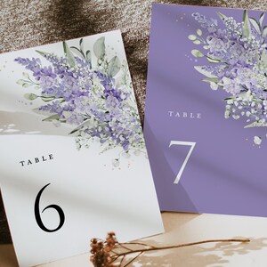 Plantilla de tarjeta de números de mesa de boda de lavanda, números de mesa florales de Boho lila, tarjetas de números de mesa imprimibles de jardín de vegetación de salvia elegante