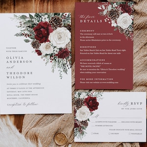 Winter Christmas Wedding Invitation Template Set, Burgundy Floral Wedding Invites Suite, Boho Rustic Forest Pine Rose RSVP Details Card image 2