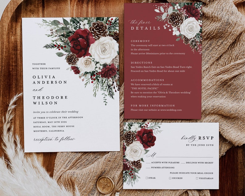 Winter Christmas Wedding Invitation Template Set, Burgundy Floral Wedding Invites Suite, Boho Rustic Forest Pine Rose RSVP Details Card image 2