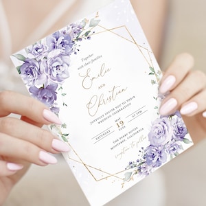 Lavendel Blumen Hochzeitseinladung Vorlage, Lila Gold Geometrische Hochzeitseinladung, druckbare elegante Boho Lila Einladungen, Download