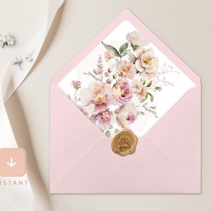 Blush Pink Envelope Liner Template, Floral Boho A6 and A7 Euro flap & Square Flap, Printable DIY Elegant Rose Garden Wedding Envelope Liners