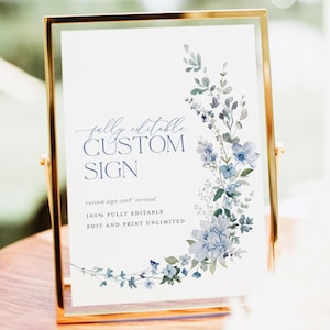 Dusty Blue Custom Wedding Sign Template, Boho Reception Table Decor Sign, Wildflower Editable Printable Bridal Shower Custom Sign, Download