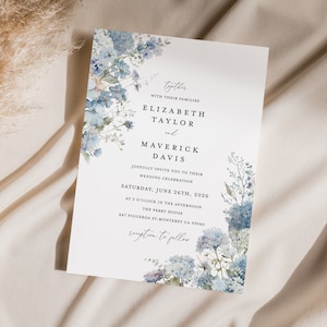 Dusty Blue Wedding Invitation Template, Boho Floral Wedding Invite Card, Printable Elegant Garden Light Steel Blue Invitations, Download image 9