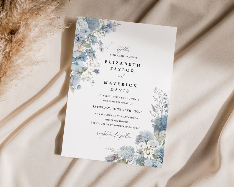 Dusty Blue Wedding Invitation Template, Boho Floral Wedding Invite Card, Printable Elegant Garden Light Steel Blue Invitations, Download image 9