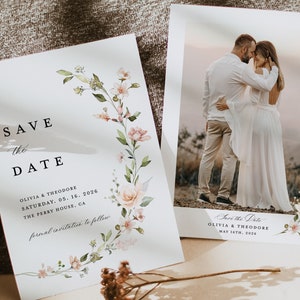 Blush Rosa Save The Date Karten Vorlage, Foto Boho Hochzeit Save The Dates, Wildblumen elegante Rose Save The Date Karten, Download, Leah