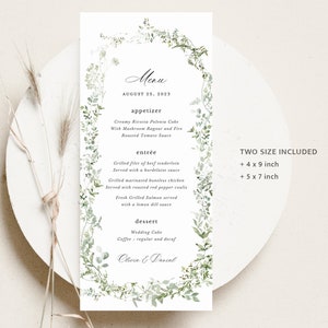 Szablon karty menu weselnego Greenery, klasyczne menu weselne Fine Art, wydrukowane eleganckie minimalistyczne nowoczesne menu kolacji z wieńcem w kolorze szałwii
