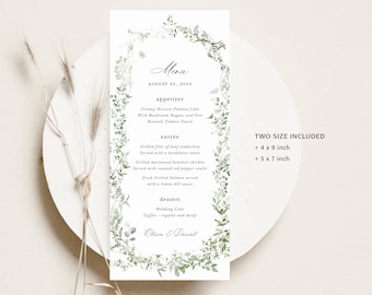 Modelo de cartões de menu de casamento com vegetação, menu de recepção clássico de belas artes, verde sábio imprimível elegante mínimo moderno menu de jantar de guirlanda