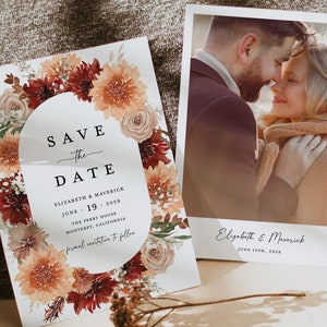 Modèle de cartes de réservation en terre cuite, mariage floral bohème photo, réservez des dates, jardin élégant, cartes de réservation orange brûlé, téléchargement
