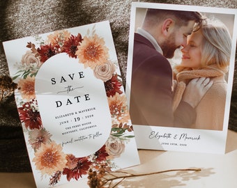 Terracotta Save The Date Cards Template, Photo Boho Floral Wedding Save The Dates, Elegant Garden Burnt Orange Save The Date Cards, Download