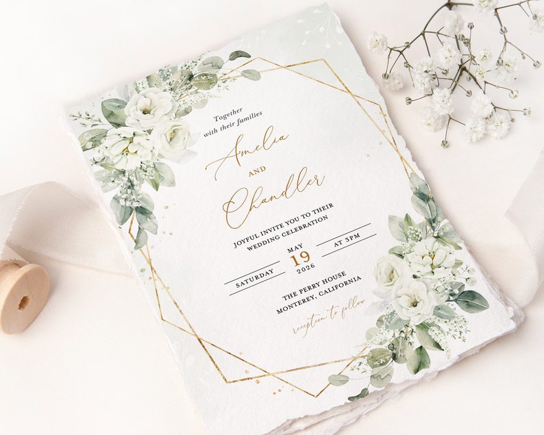 Geometric White Floral Wedding Invitation Template, Gold and White Wedding Invite Card, Elegant Sage Green Invitations, Printable, Elena zdjęcie 3