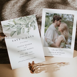 Salbei Grün Save the Date Karten Vorlage, Foto Eukalyptus Hochzeit Save The Dates, Boho Elegante grüne Blumen Botanische Save The Date Karten