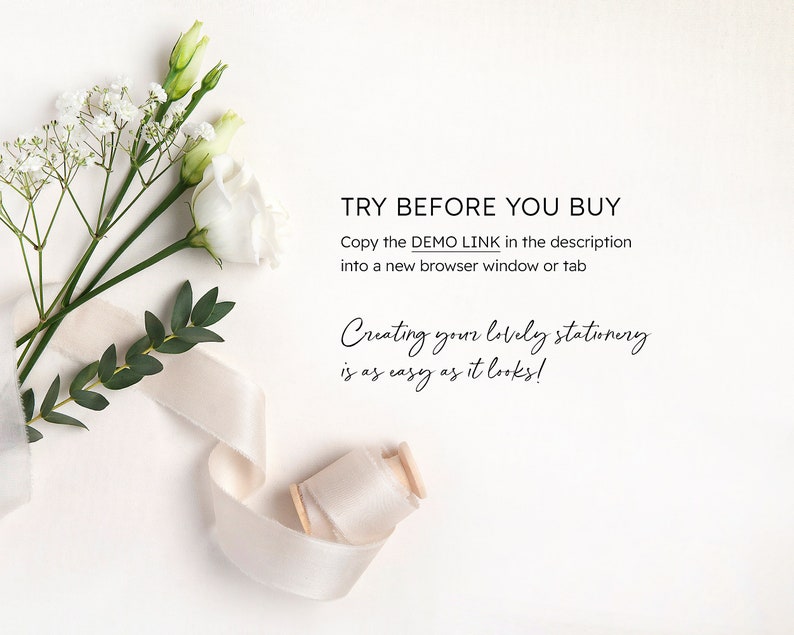 Op de afbeelding: Een flatlay met witte bloemen, groen en een cr&egrave;mekleurig lint. De tekst luidt "TRY BEFORE YOU BUY" en "Creating your lovely stationery is as easy as it looks!"