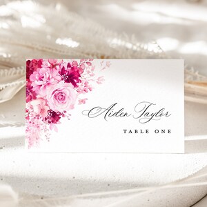 Hot Pink Wedding Place Card Template, Floral Name Escort Card, Magenta Fuchsia Rose Printable Table Place Cards With Meal Choice, Download