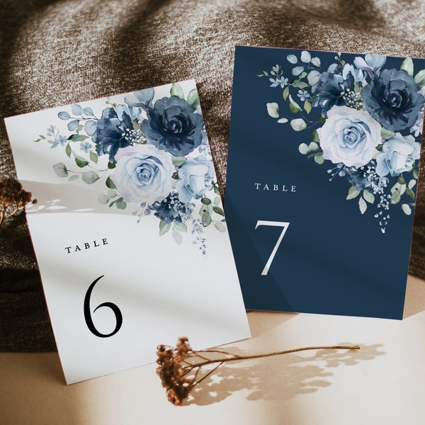 Dusty Blue Navy Wedding Table Numbers Card Template, Boho Floral Table Numbers, Elegant Garden Steel Light Blue Printable Table Number Cards