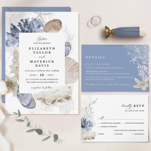 Beach Wedding Invitation Template Set, Ocean Blue Wedding Invite Suite, Boho Nautical Wedding, Sea Shell Destination Details, RSVP, Download