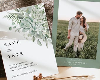 Sage Green Save The Date Cards Template, Photo Boho Greenery Wedding Save The Dates, Botanical Succulents Eucalyptus Save The Date Cards