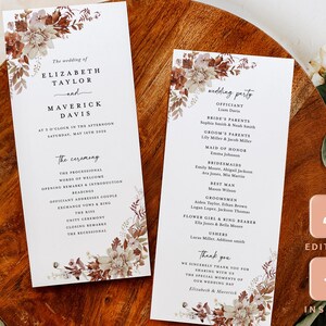 Peut inclure: Modèle de programme de cérémonie de mariage éditable avec un motif floral dans les tons de brun, beige et blanc. Le texte comprend les noms Elizabeth Taylor et Maverick Davis, la date du mariage et l'ordre de la cérémonie.