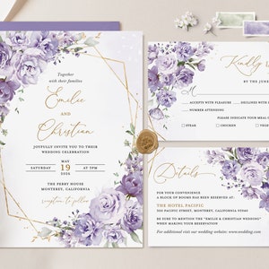 ラベンダーの花柄の結婚式招待状セットテンプレート、ライラックゴールドの招待状セット、エレガントなボヘミアンパープルの詳細カード、幾何学的なガーデンRSVP、ダウンロード