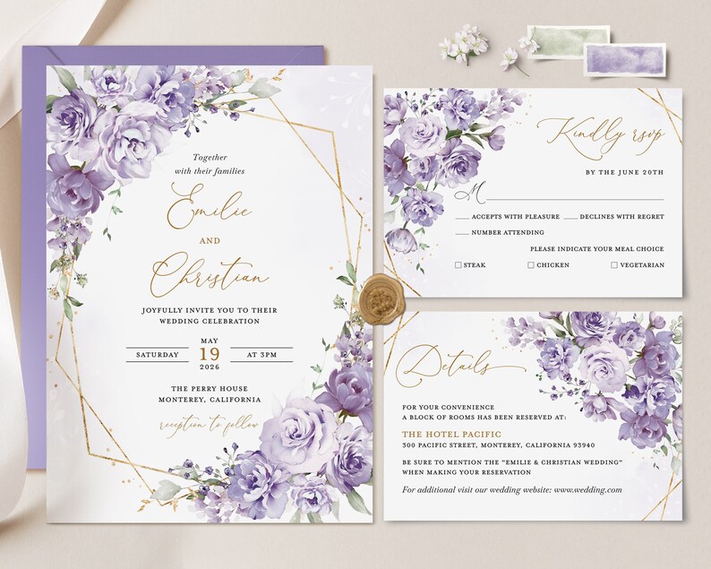 Lavender Floral Wedding Invitation Set Template Lilac Gold Etsy