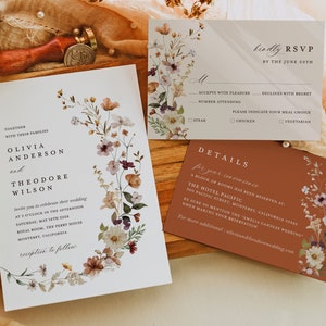 Terracotta Wedding Invitation Template Set, Boho Wildflower Wedding Invite Suite, Modern Elegant Floral Burnt Orange Details, RSVP, Download image 2