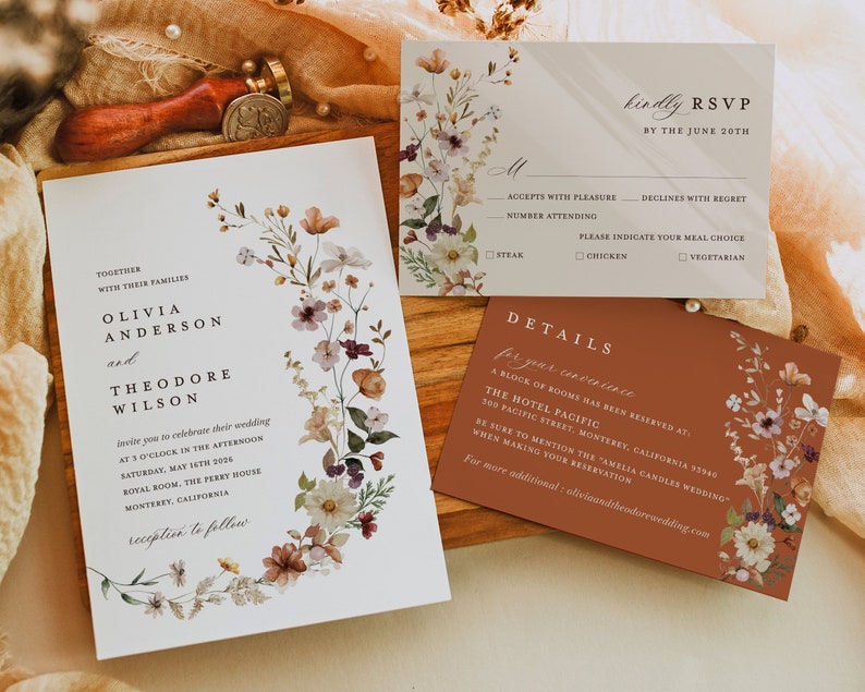 Terracotta Wedding Invitation Template Set, Boho Wildflower Wedding Invite Suite, Modern Elegant Floral Burnt Orange Details, RSVP, Download image 2